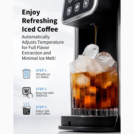 Coffee machine dispensing iced coffee with text on how to use it