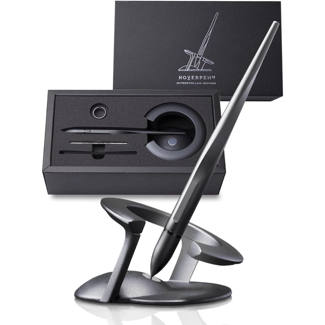A hover pen and stand with its packaging.