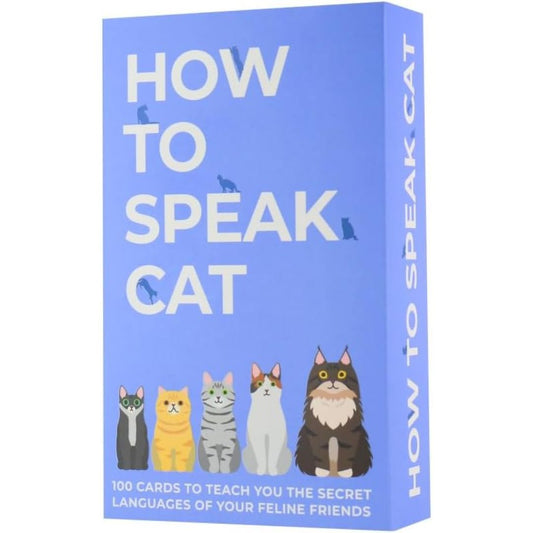 Card game box titled 'How to Speak Cat' with cat illustrations on a blue background
