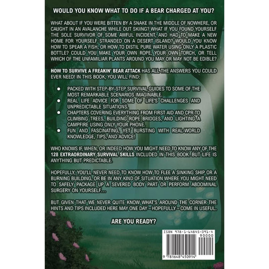 Back cover of a book titled How To Survive A Freakin’ Bear Attack with text and a bear illustration.