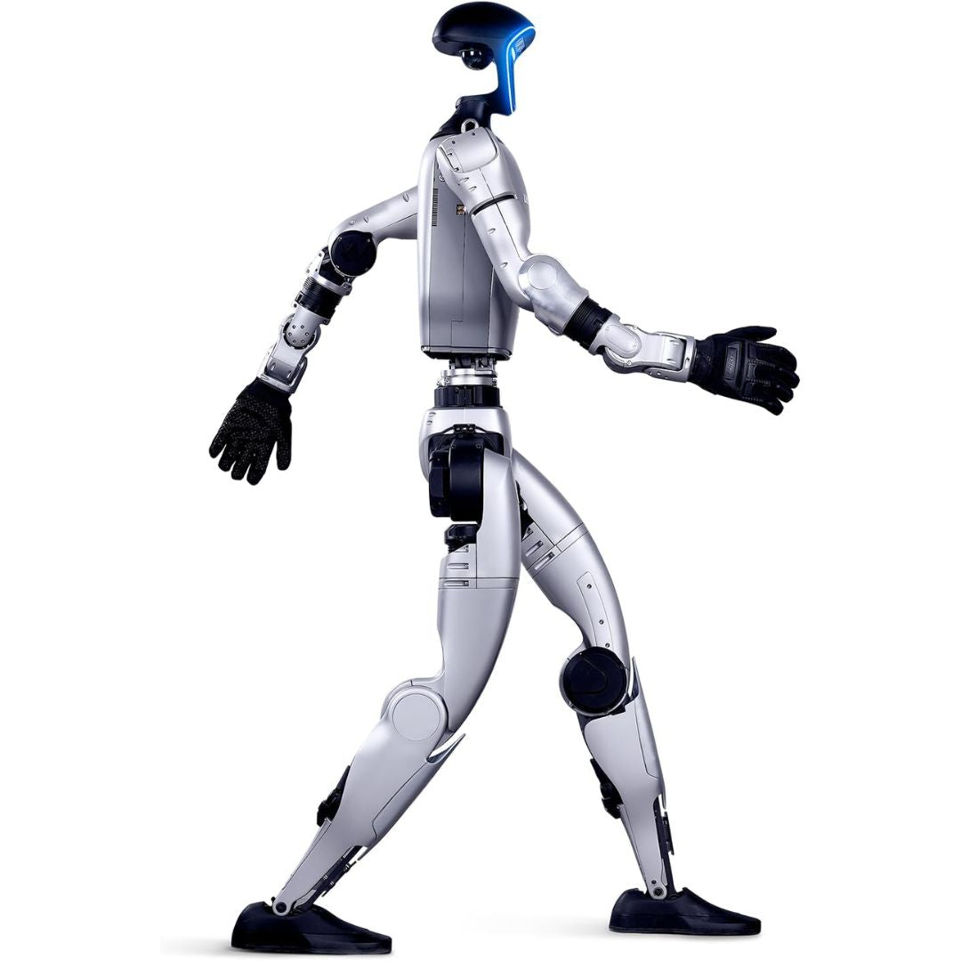 Humanoid silver robotic figure with a glowing blue face in a walking position on a white background