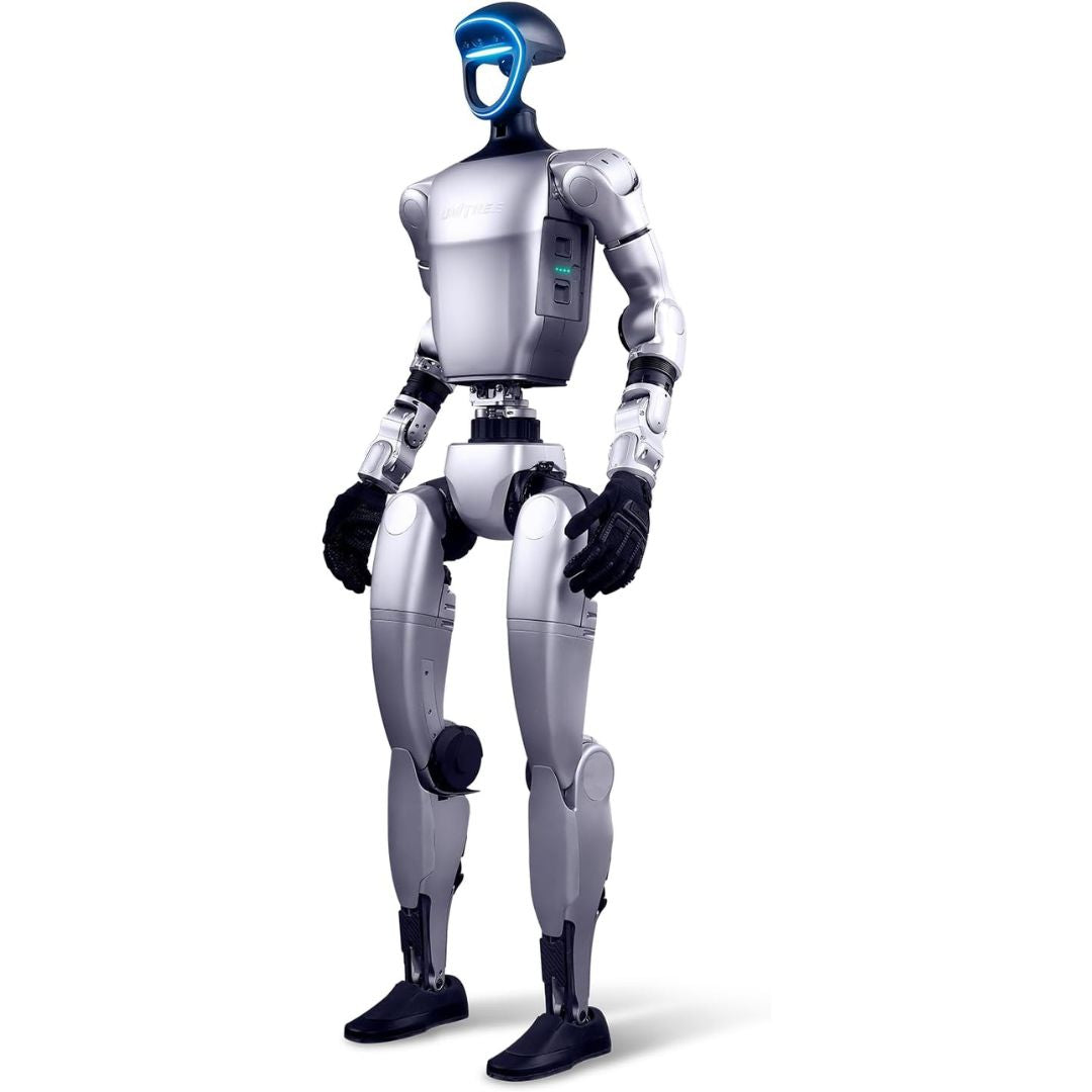 Humanoid silver robotic figure with a glowing blue face on a white background