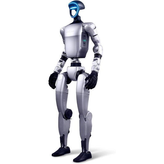 Humanoid silver robotic figure with a glowing blue face on a white background