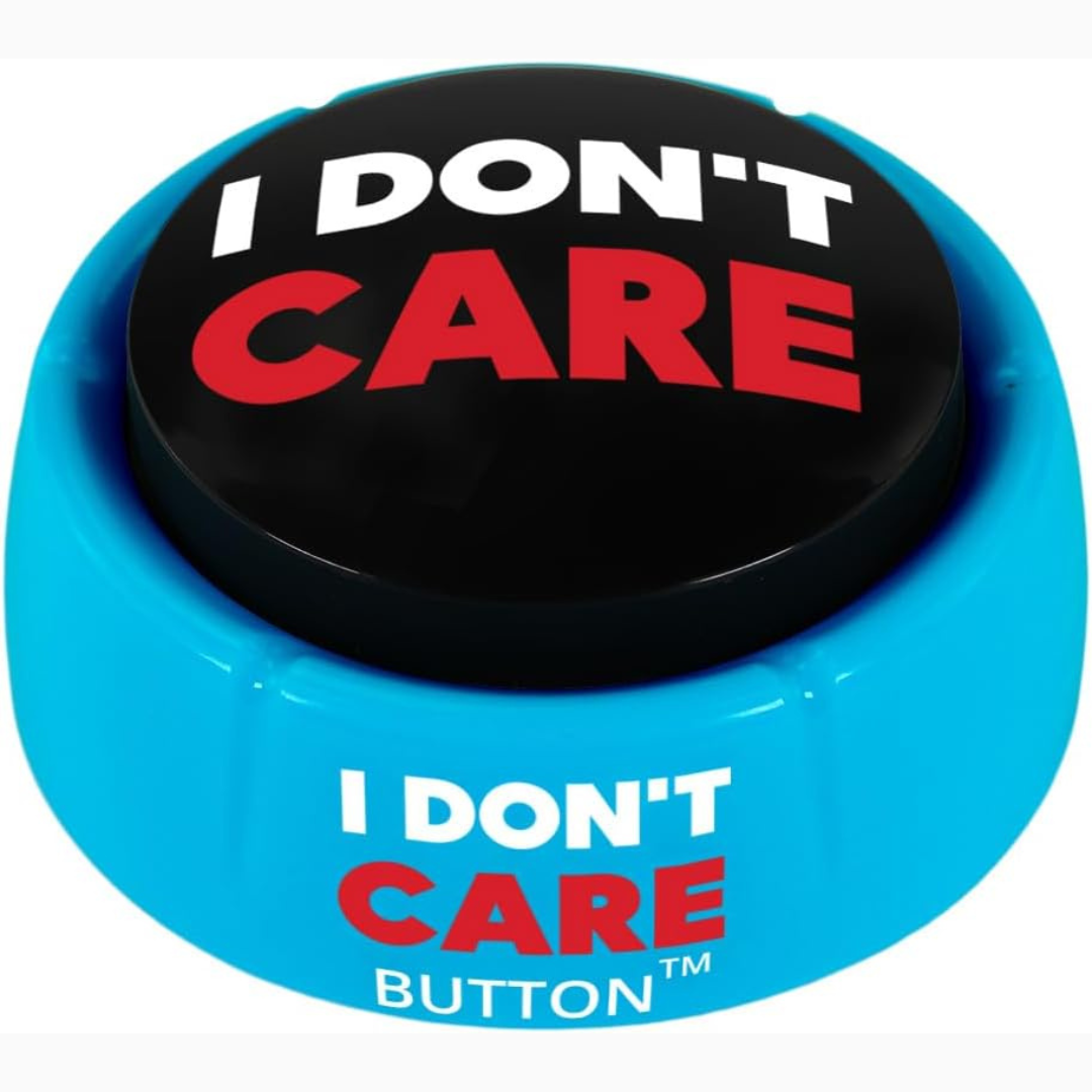 Blue and black novelty button with large I Don't Care lettering