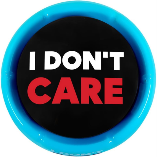 Round blue button with 'I Don't Care' text on a black background