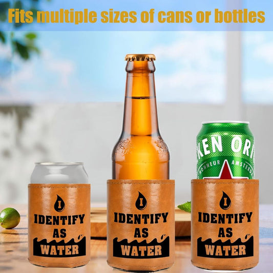 Three can coolers with 'Identify as Water' text with a bottle or can in each cooler.