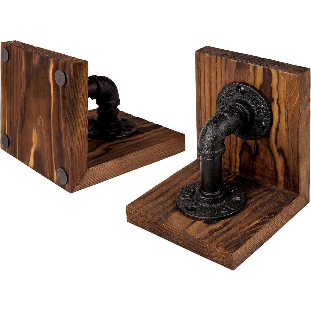 Wooden bookends with black metal pipes on a white background