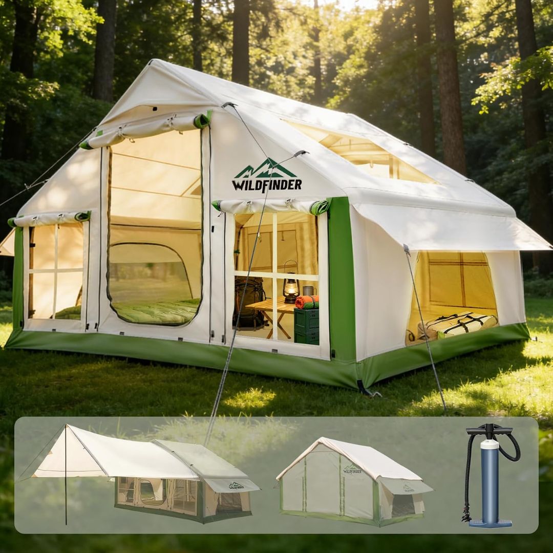 Camping tent with Wildfinder logo in a forest setting
