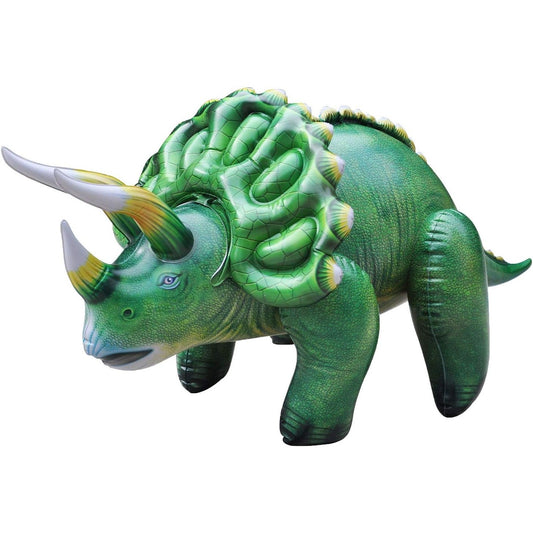 A giant green inflatable Triceratops dinosaur.