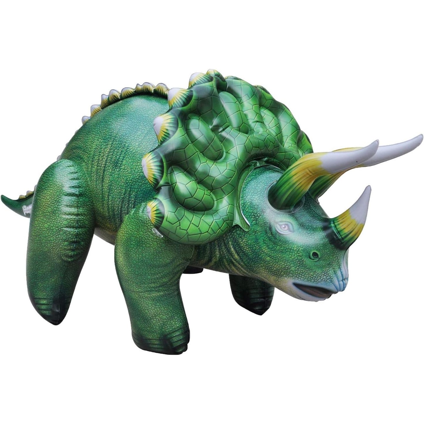 A giant green inflatable Triceratops dinosaur.