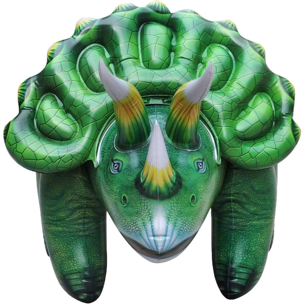 A giant green inflatable Triceratops dinosaur.