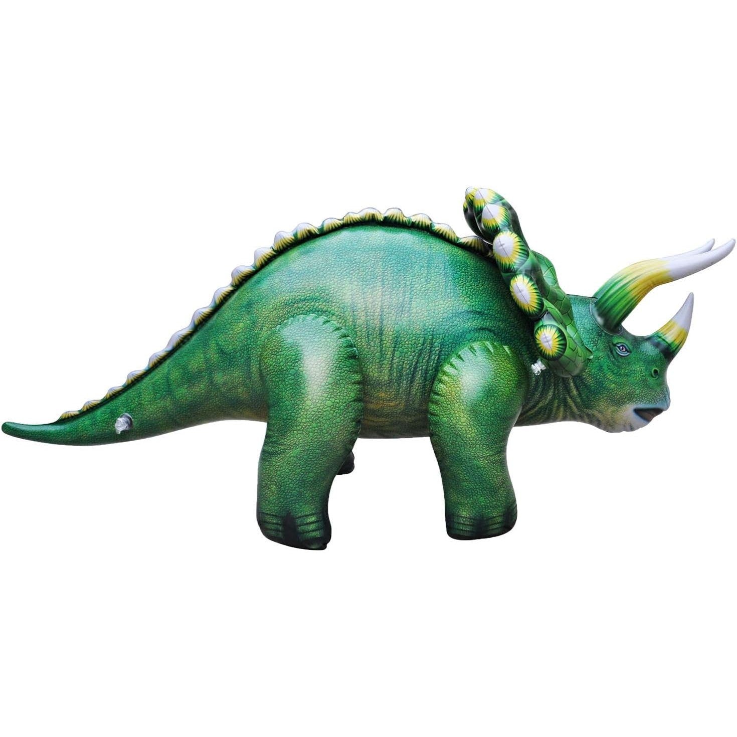 A giant green inflatable Triceratops dinosaur.
