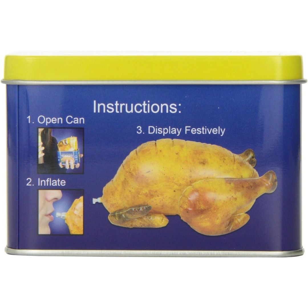 Inflatable turkey decoration with instructions on a blue can