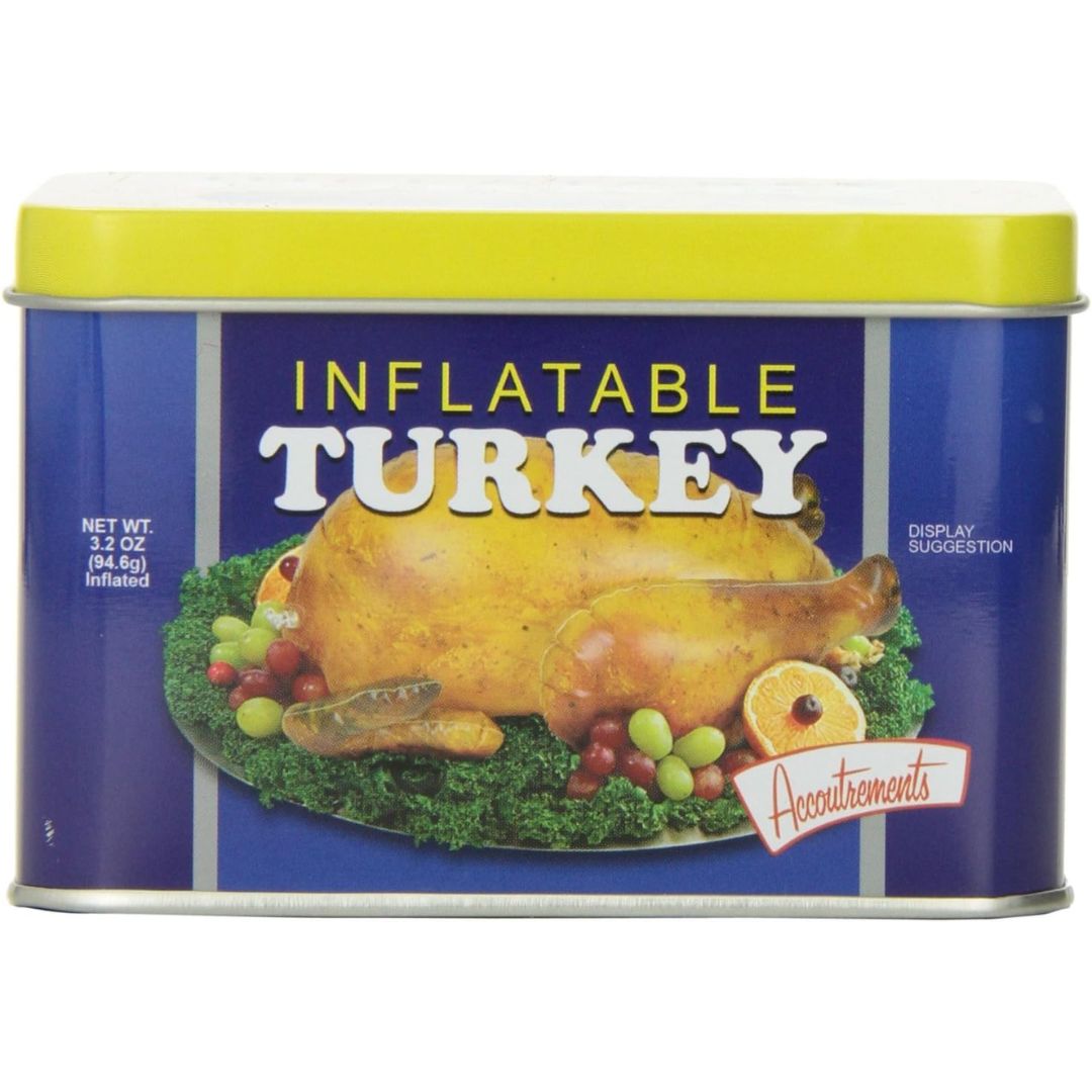 Inflatable turkey product packaging with a blue and yellow design.