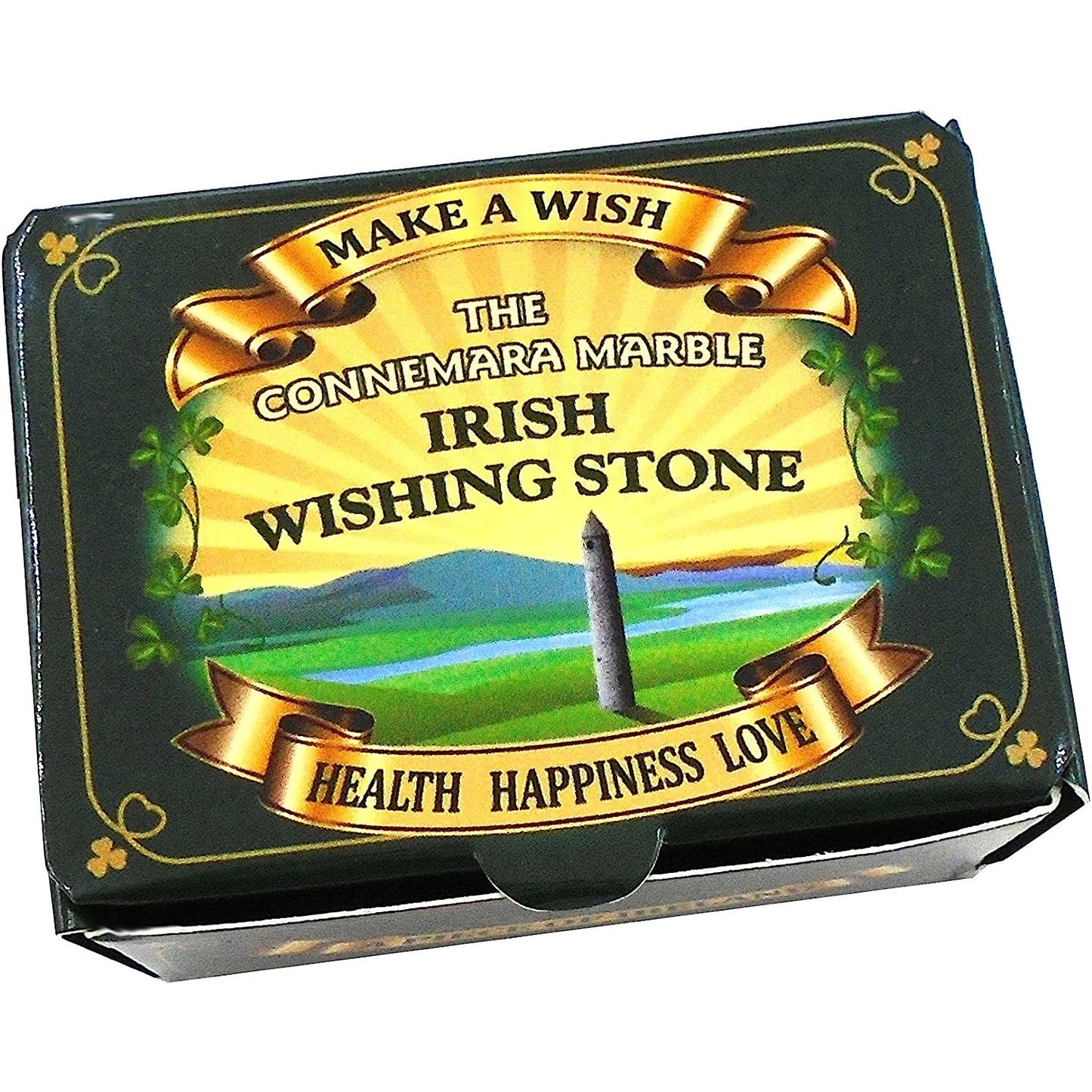 An Irish wishing stone in a gift box. The lid has text which reads, 'The Connemara marble Irish wishing stone.'