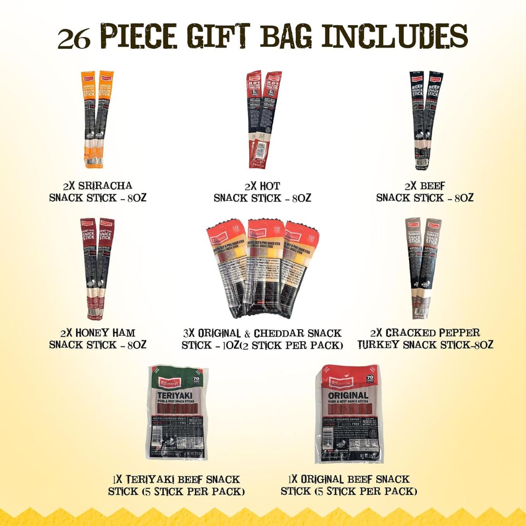 A product information graphic showing a 26-piece gift bag assortment of snack sticks. The graphic features eight different snack stick packages arranged in a grid with text labels indicating the quantity and flavor of each stick, set against a light beige gradient background with a yellow patterned border at the bottom.