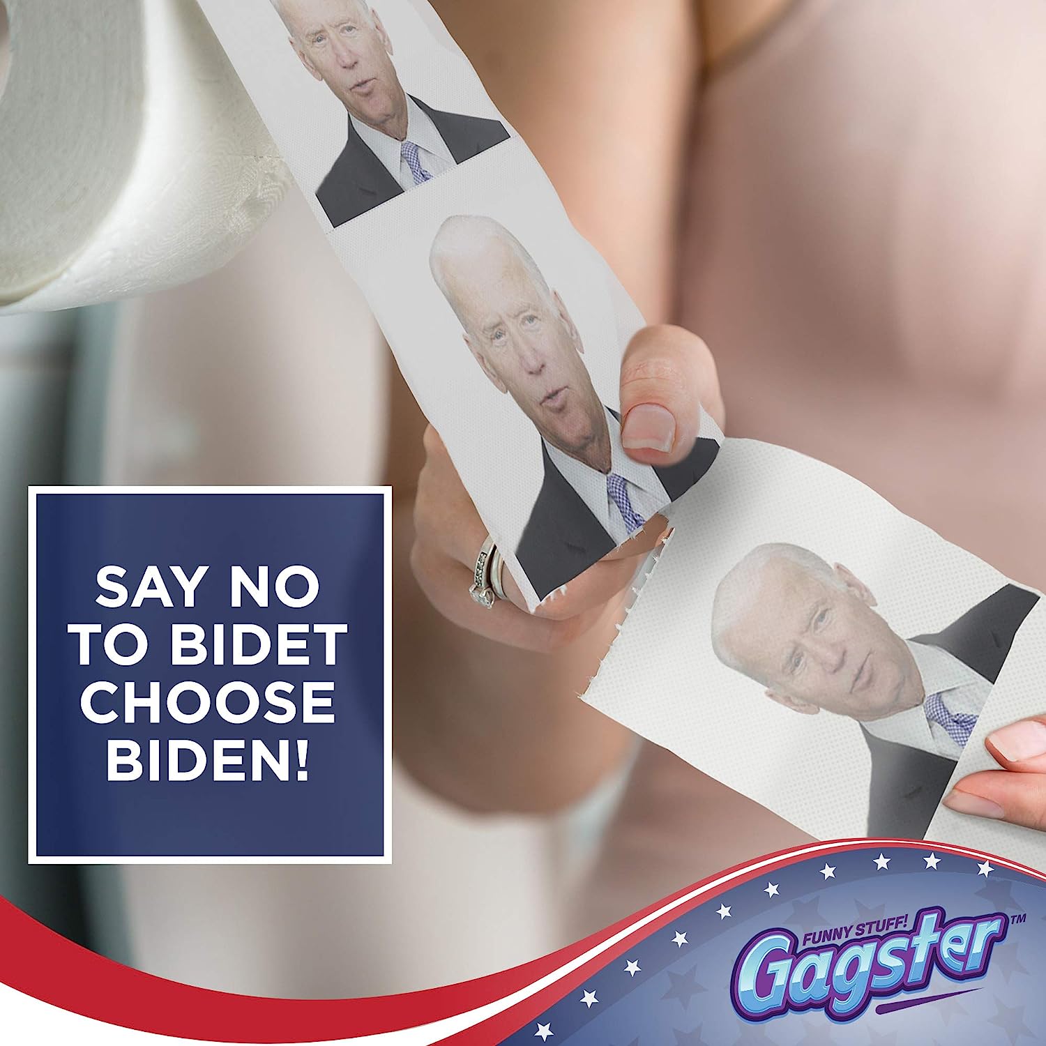 A person is tearing a sheet of Joe Biden toilet paper. The text reads, 'Say no to bidet, choose Biden.'
