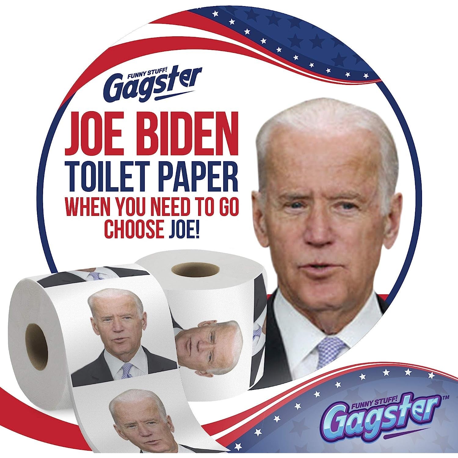 Two rolls of toilet paper with Joe Biden's face printed on it.