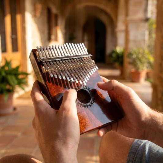 Person holding a kalimba in an outdoor setting with plants and stone arches.