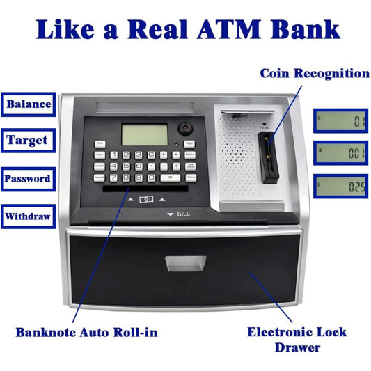 ATM-style cash savings ATM dispenser and lockbox machine with labeled callouts including Balance, Target, Password, Withdraw, Coin Recognition, Banknote Auto Roll-in, and Electronic Lock Drawer, on a white background.