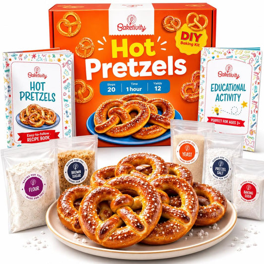 Kids hot pretzel baking kit with recipe book, activity guide, ingredients and freshly baked pretzels