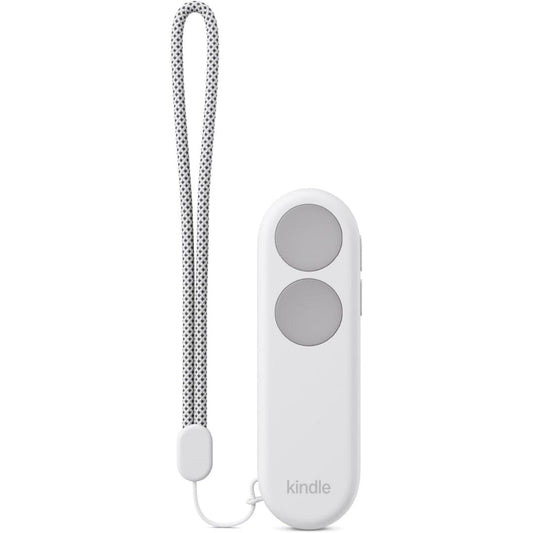 White Kindle Click Bluetooth remote with dual buttons, wrist strap and USB-C rechargeable design