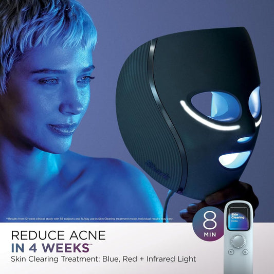 Woman with glowing blue skin next to a skincare device with lights on a gradient background