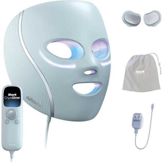 A Shark CryoGlow facial treatment device shown with its remote control, two gel pads, a drawstring storage bag, and a charging cable on a white background.