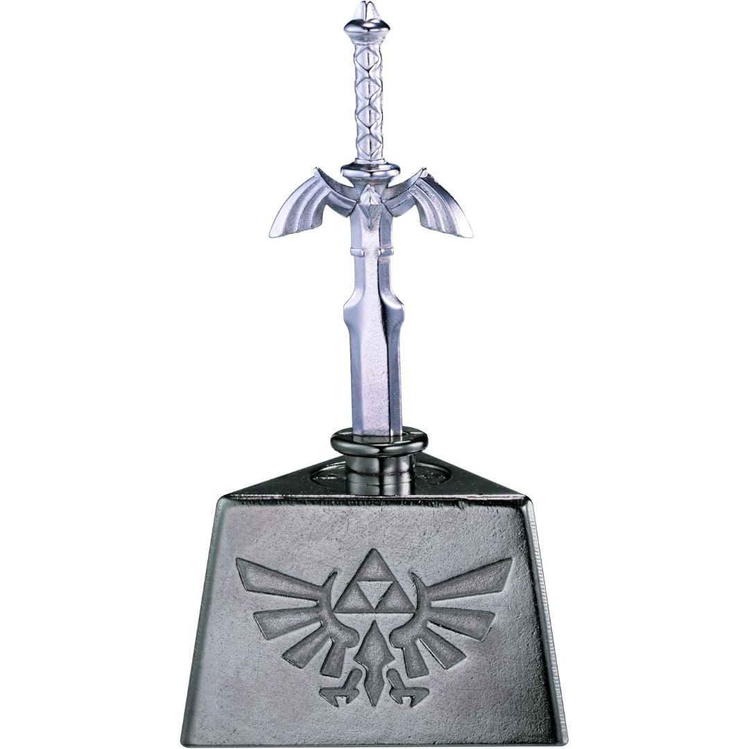 Legend of Zelda Master Sword metal brain teaser puzzle mounted in a silver Triforce display base