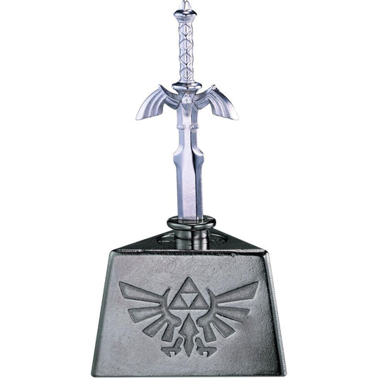Legend of Zelda Master Sword metal brain teaser puzzle mounted in a silver Triforce display base