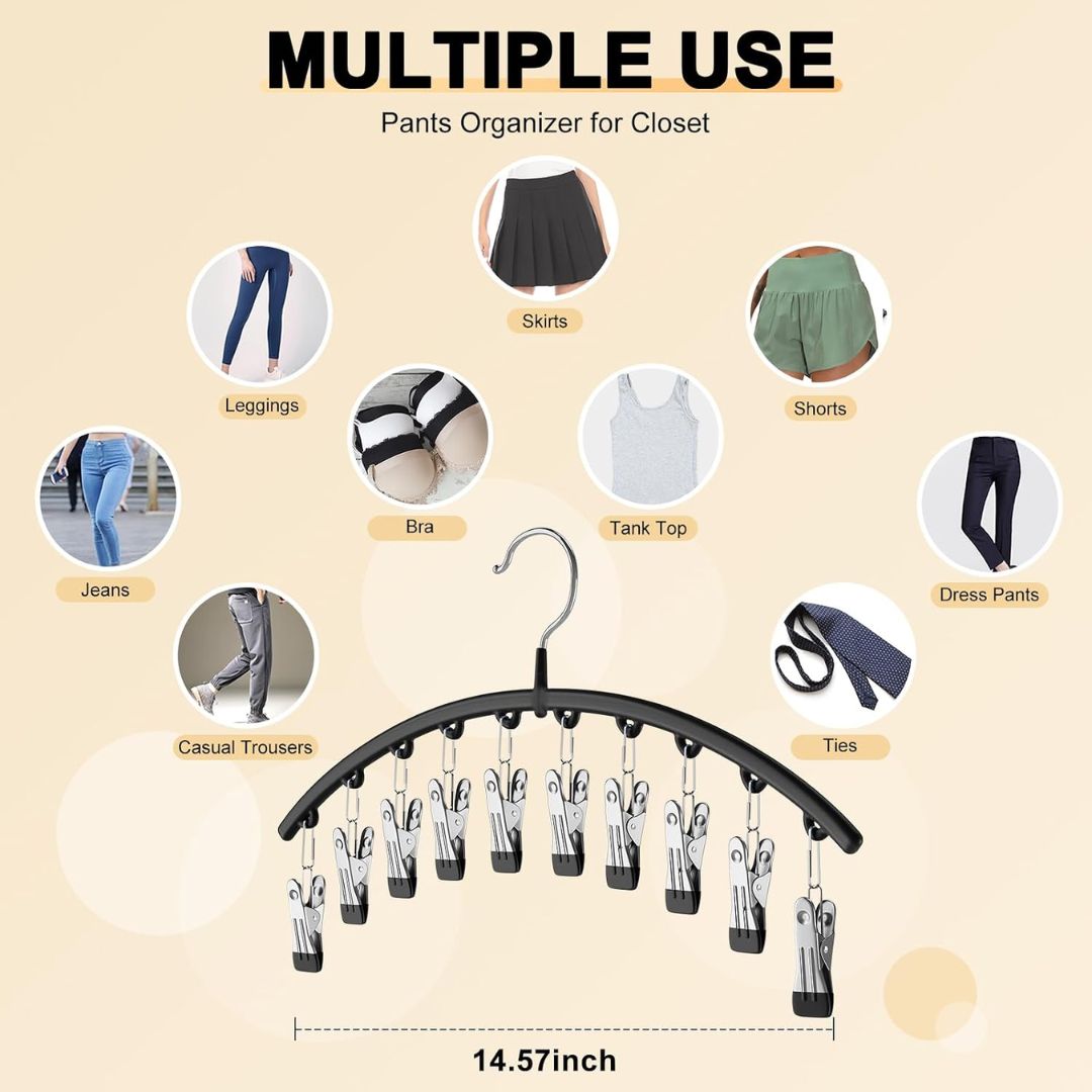 Pants and leggings organizer with various clothing items and a hook for hanging clothes on a beige background.
