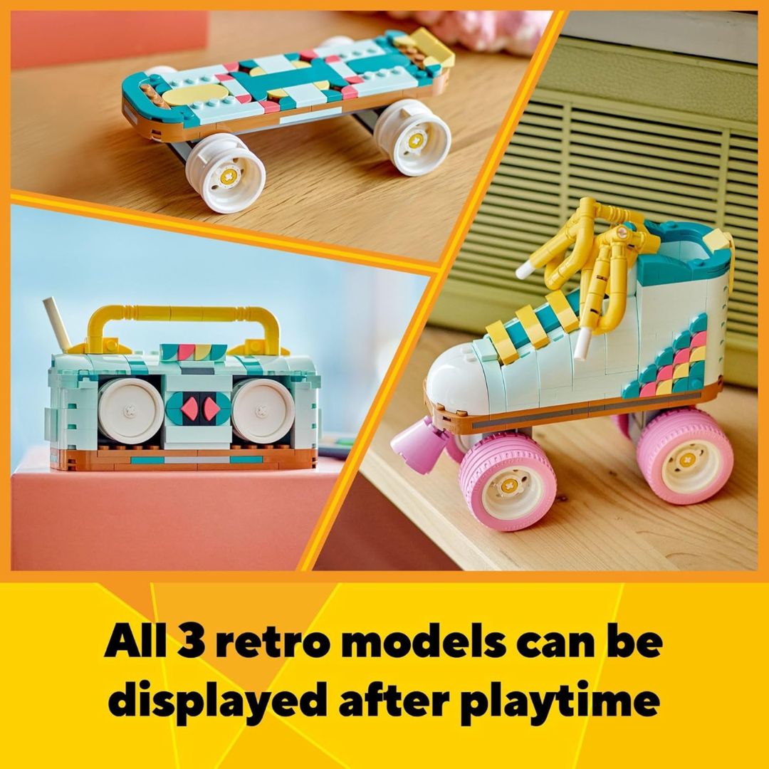 Collage of retro-themed LEGO toy models including a skateboard, roller skate, and boombox on a wooden surface.