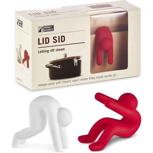 Red and white 'Lid Sid' product with packaging on a white background