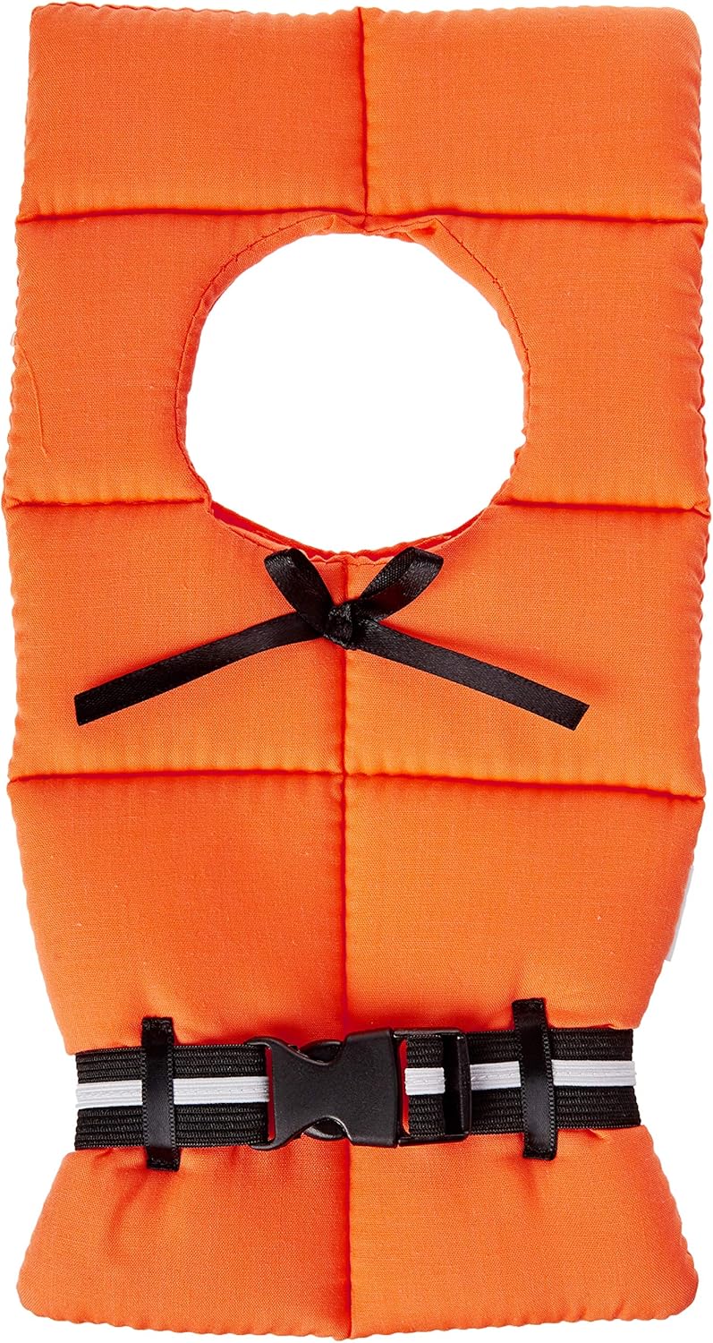 Orange life preserver-style wine bottle cover with a black buckle strap and neck tie, designed to resemble a safety vest.