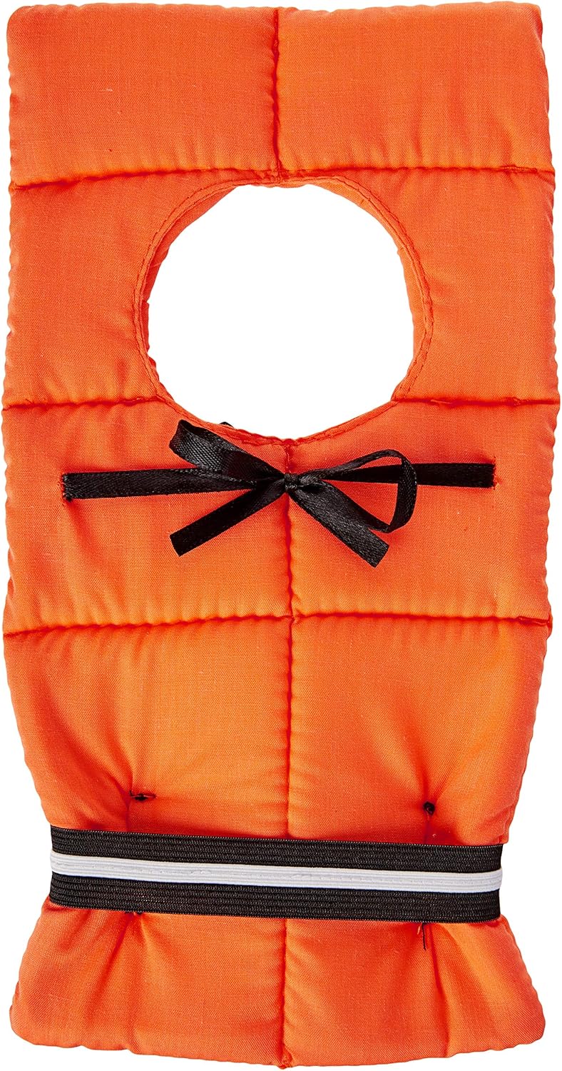 Orange life preserver-style wine bottle cover with a black buckle strap and neck tie, designed to resemble a safety vest.