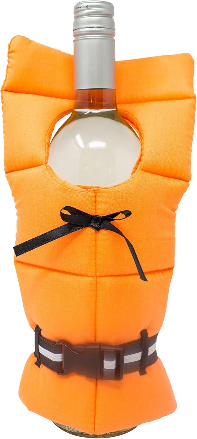 Orange life vest-style wine bottle cover with black ribbon and buckle, fitted snugly on a clear bottle with a silver cap.