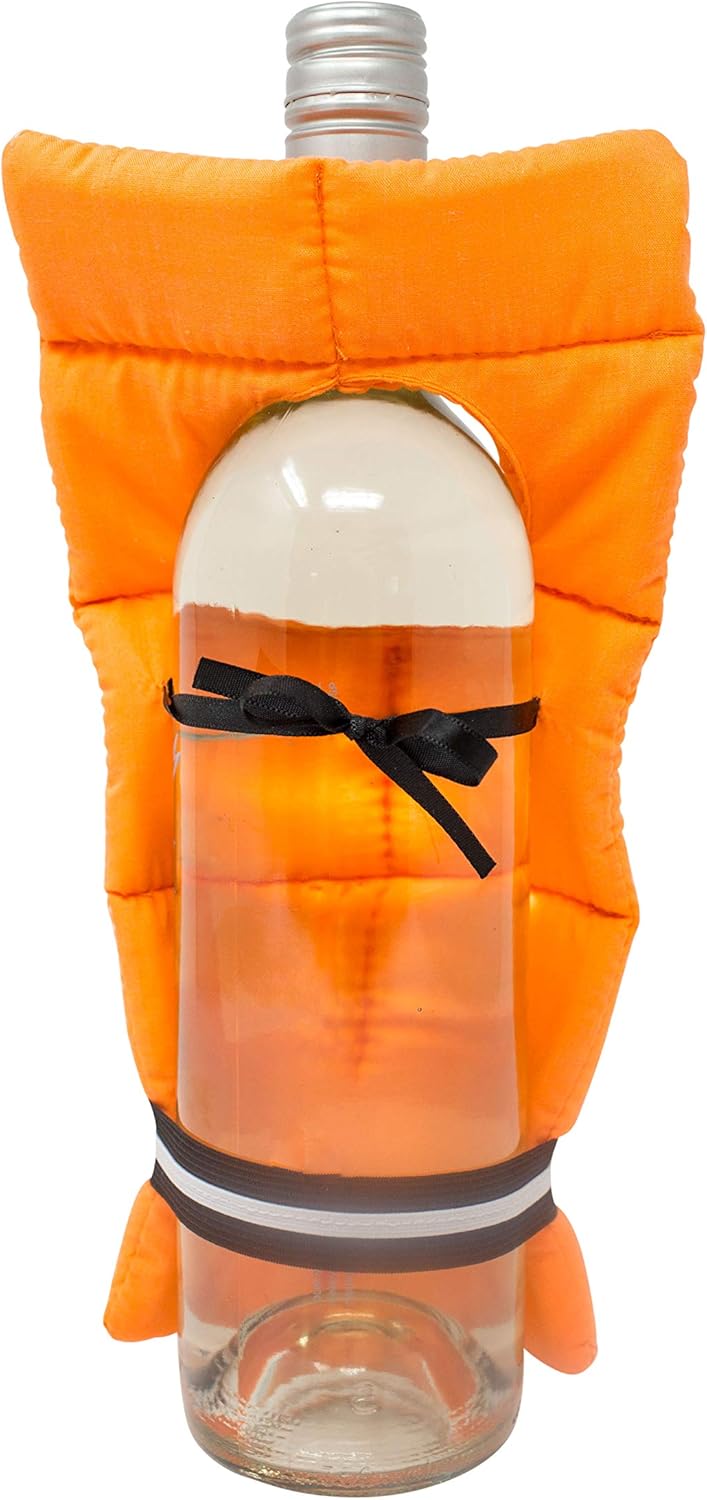 This close-up shot of a wine bottle wrapped snugly in a mini life jacket.