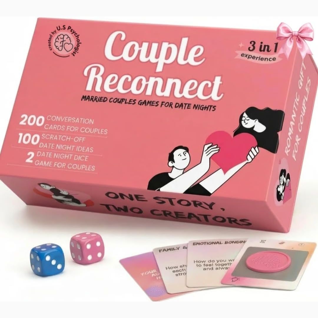Pink 'Couple Reconnect' game box with dice and cards on a white background