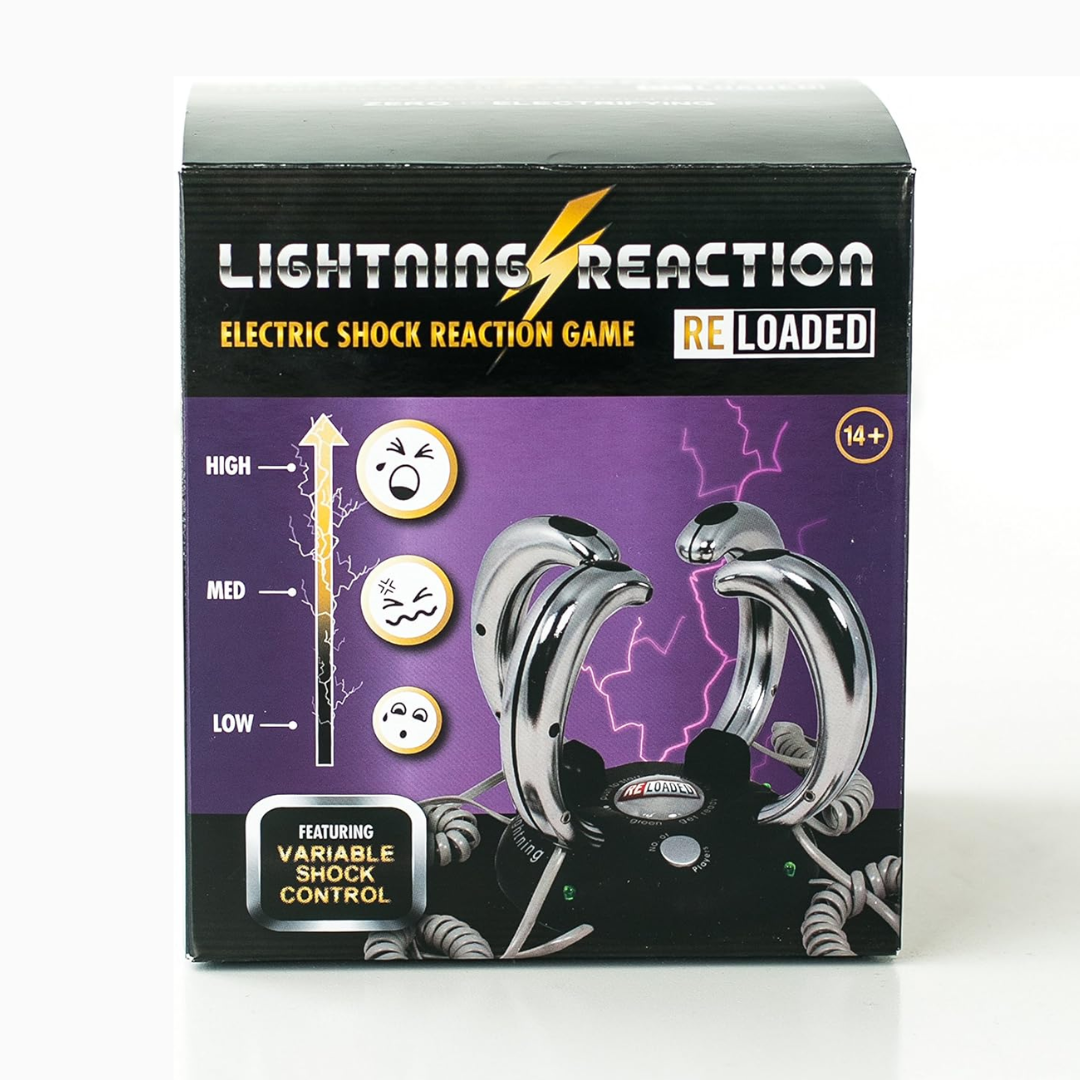Box of 'Lightning Reaction' electric shock reaction game on a white background