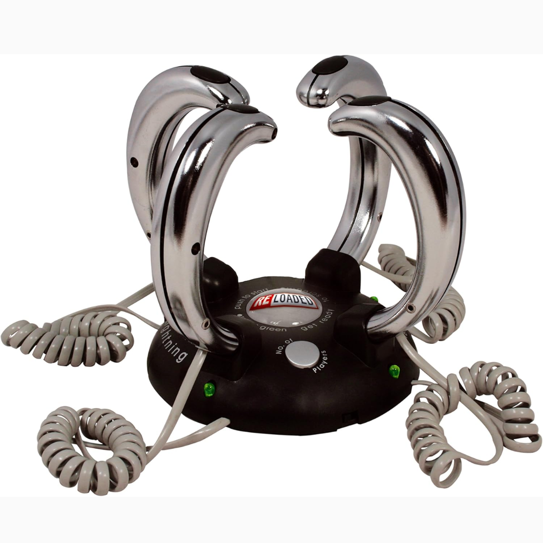 LIghtening reaction game out of the box with coiled cables on a white background