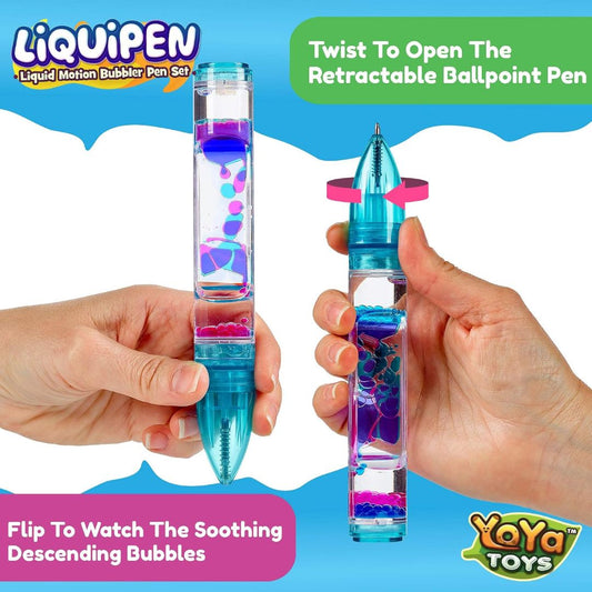 Liquid motion bubble pen being flipped to watch colorful bubbles descend, with twist-to-open retractable ballpoint tip
