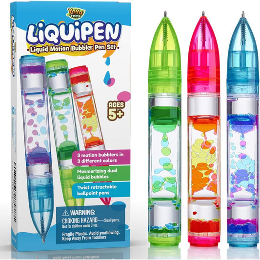 Set of three colorful liquid motion bubble pens with green, pink and blue retractable ballpoint designs