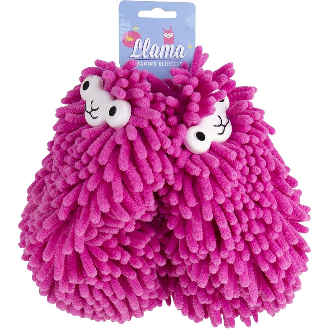 Pink fuzzy llama-shaped cleaning slippers with a visible brand label on a white background