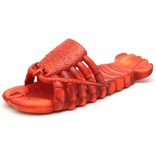 Red lobster-shaped sandal on a white background