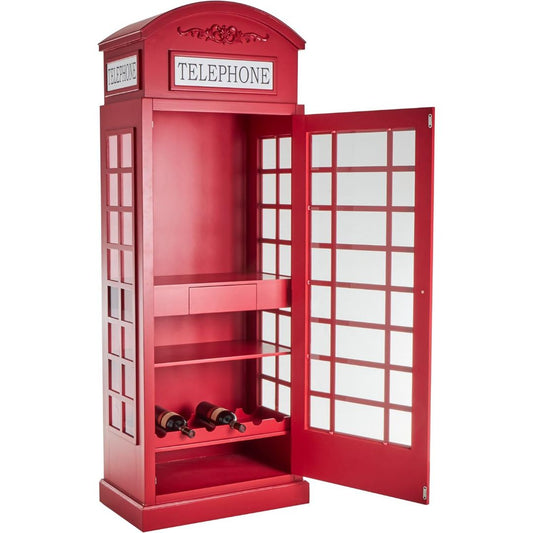 Red London telephone booth wine rack with two shelves, drawer storage and space for six wine bottles