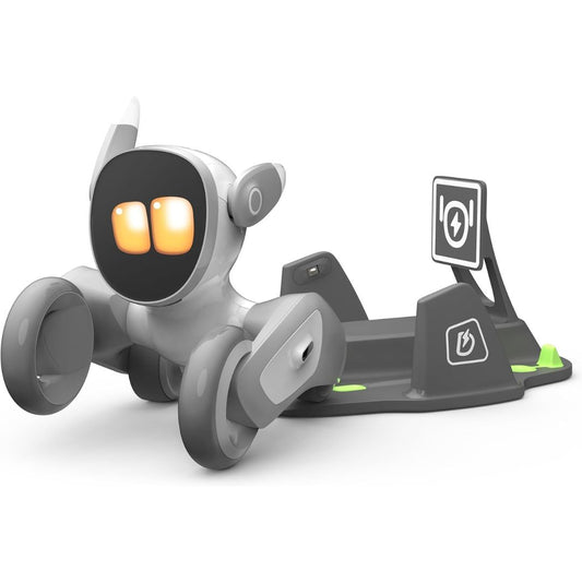 Pet dog robot with a charging dock on a white background