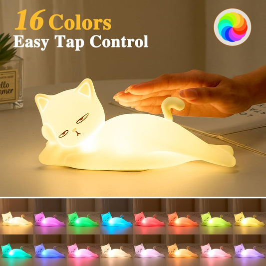 A night light shaped like a reclining cat with text, '16 colors. Easy tap control' showing 16 different colors