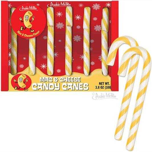 Box of Mac & Cheese Candy Canes with candy canes displayed in front