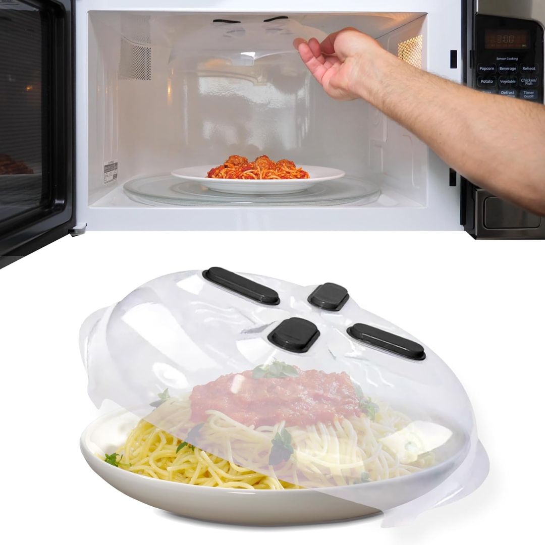 A clear magnetic microwave food cover with magnetic top is shown over a plate of spaghetti and meatballs. The top half shows a hand placing the cover onto the microwave roof, while the bottom half shows the food cover on a plate against a white background.