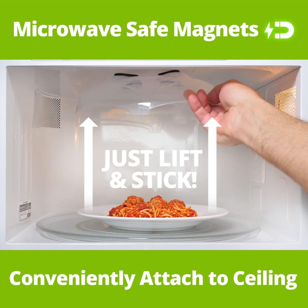 Person attaching a clear microwave hover cover above a plate of spaghetti inside a microwave, with text about microwave-safe magnets.